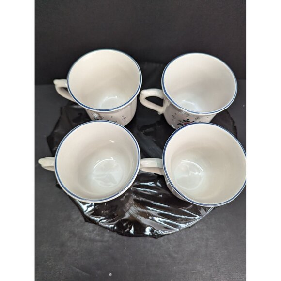 Tienshan Stoneware 2 Sided Floral Cup w/Blue Rim 8 Oz Replacement Lot of 4 - Picture 6 of 8